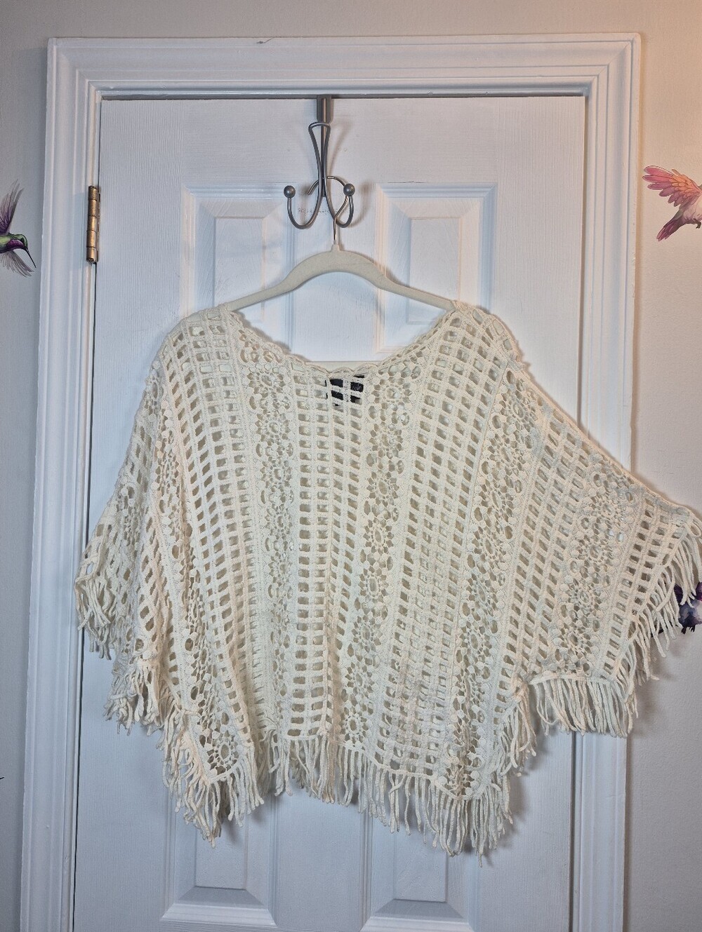 Step In Style Cream Crochet Fringe Poncho Top Open Knit Cover UP OS